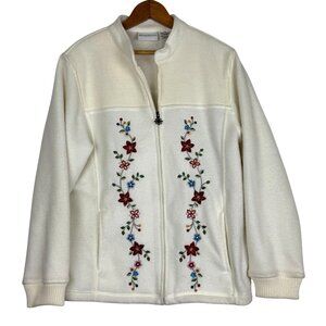 Alfred Dunner White Full Zip Fleece Jacket Sz Small Embroidered Floral